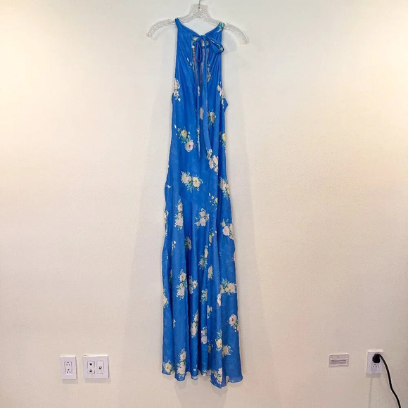 LoveShackFancy Brinda Blue Satin Floral Formal Tie Back Halter Maxi Dress Gown - Picture 9 of 11